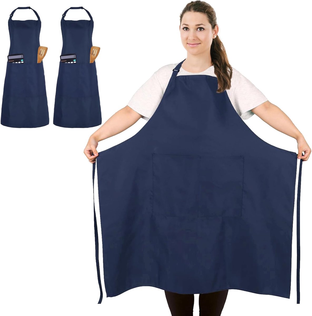 SnelShoppen - 2 Stuks Grote Maat Unisex Blauw Schort, Waterdicht Schort met 2 Zakjes voor Koken, Barbecue, Werk, Professioneel Schort voor Ober, Kunst