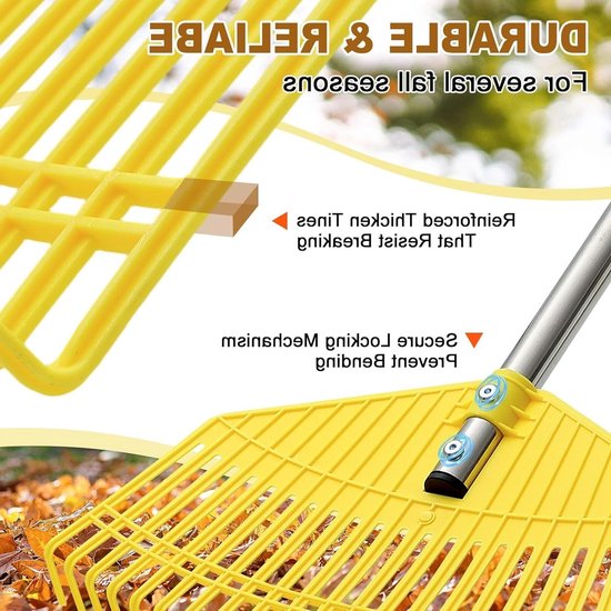 Handmatige tuinhark met 23 sterke tanden en kunststof kop, 190 cm handvat, ideaal voor gazon en bladeren, 42 cm breed — afbeelding 5