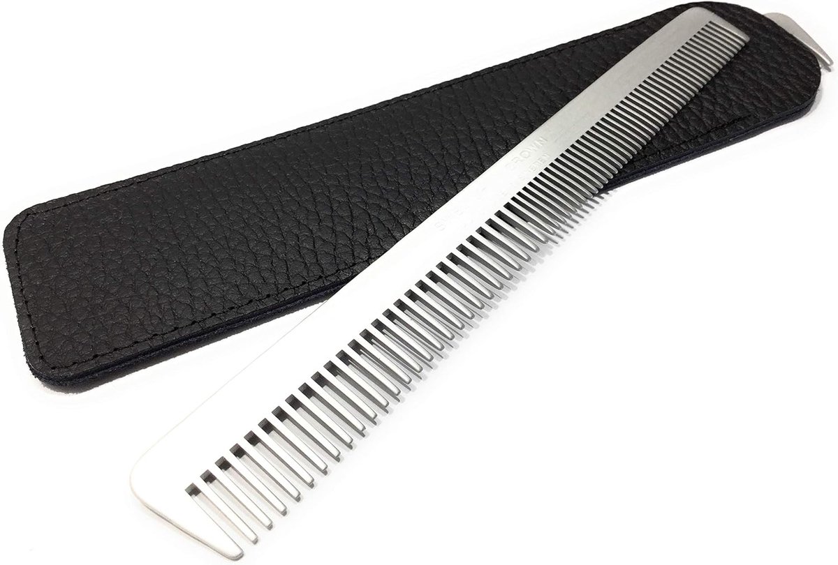 SnelShoppen - Professionele Heren Kam met Echt Leren Etui, Aluminium Anti-statische Kam 15.5 cm, Fijne en Grove Tanden voor Baard en Haar, Salon Desig