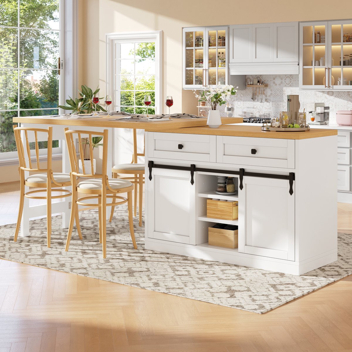 STILVORA Keukeneiland - 360° Draaibaar Met Schuifdeuren En 2 Lades - Voor Keuken En Eethoek - MDF En Metaal - Wit - 120-197x40x72 Cm