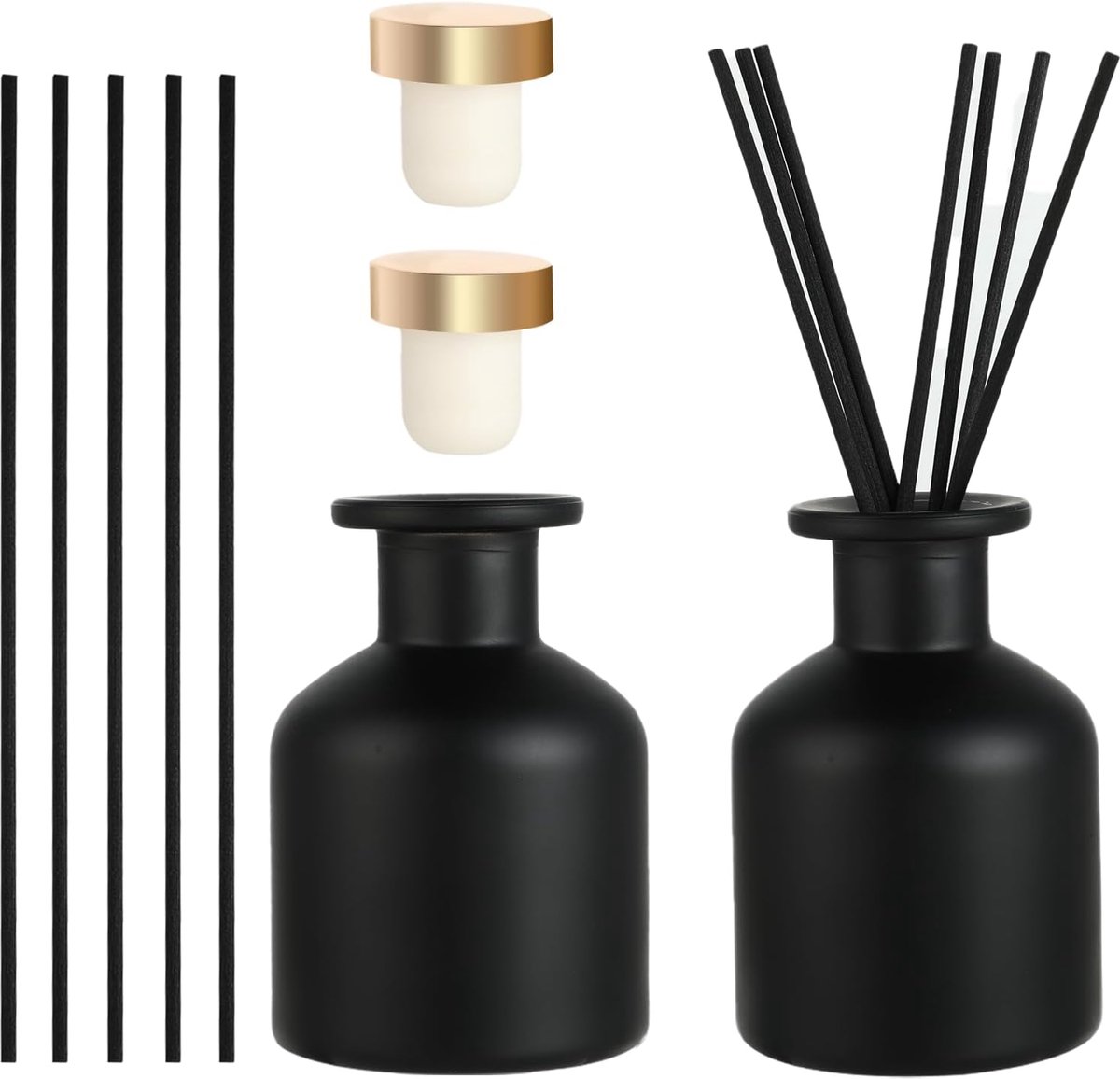 SnelShoppen - 2 Diffuser Flessen van Glas met 12 Geur Sticks en Deksel voor Aromatherapie - Ideaal voor Thuis, Kantoor, DIY Vervanging - Matte Zwart