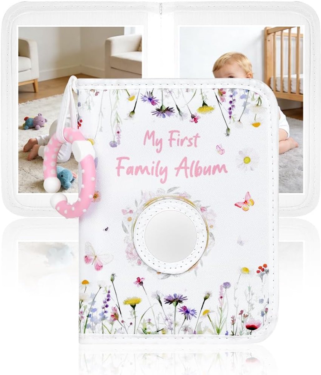 SnelShoppen - Ainiv Baby Album - Soft Fabric Fotoalbum voor 17 Foto's - 16.5 x 11.5 cm - My First Year - Witte Bloemen - Keepsake voor Baby's