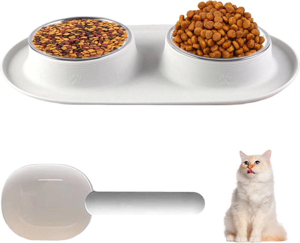 SnelShoppen - Voerbak Kattenset met Antislip Siliconen Mat, Roestvrijstalen Voer- en Waterbakken voor Katten en Kleine Honden - Dubbele Bakken met Lep