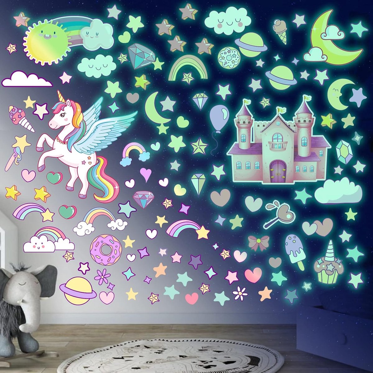 SnelShoppen - Zelfklevende Eenhoorn Wandsticker Kinderen met Luminous Sterren - Sterrenhemel Stickers voor Babykamer Meisjes Decoratie