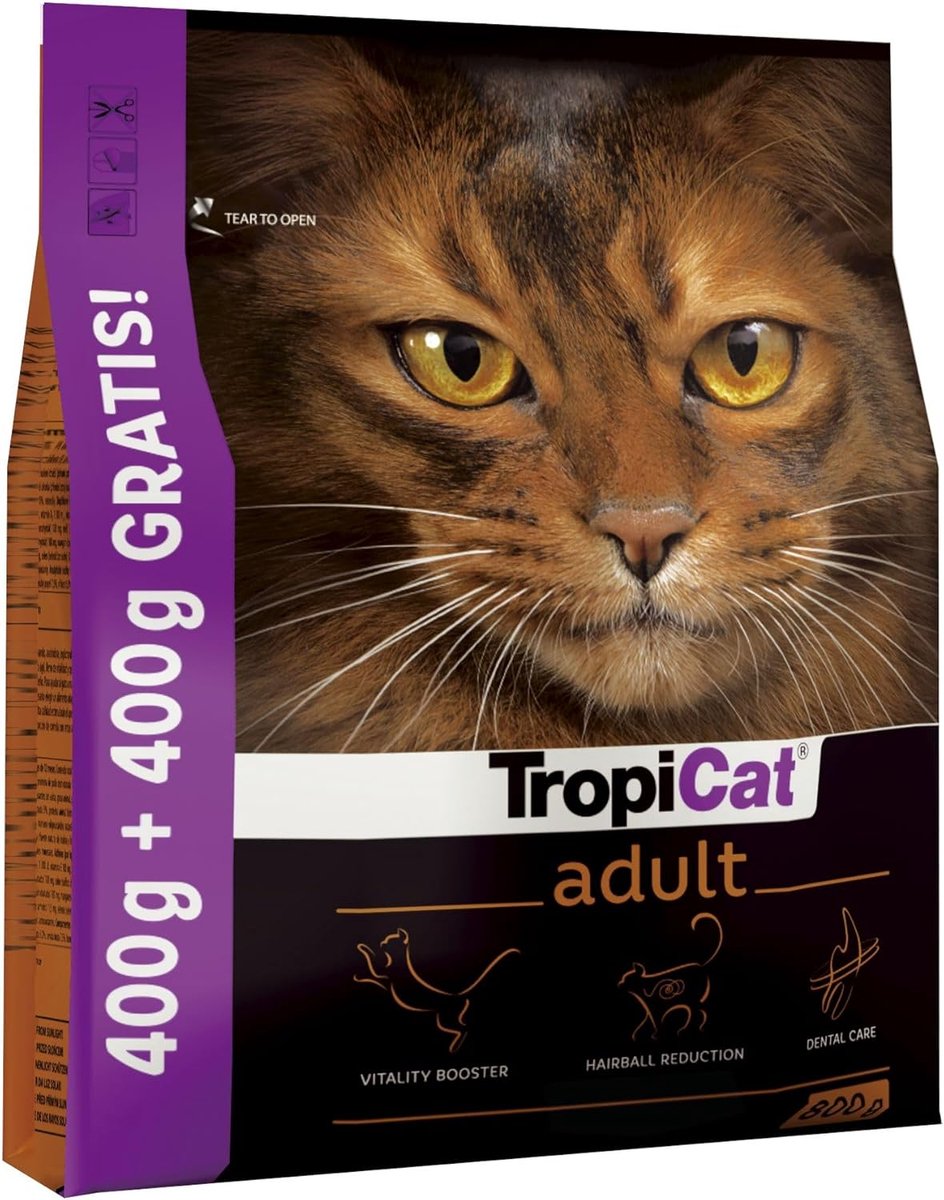 SnelShoppen - Droogvoer Compleet voor Volwassen Katten met Kip - TropiCat ADULT 800g - Stimuleert Vitaliteit - Ondersteunt Immuunsysteem - Vermindert