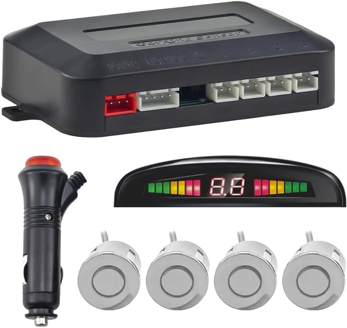 SnelShoppen - Draadloze Parkeerhulp, Achteruitrijhulp met 4 PDC Achterparkingsensoren, Draadloze Waarschuwingsset met LED Display voor Auto, SUV, Busj