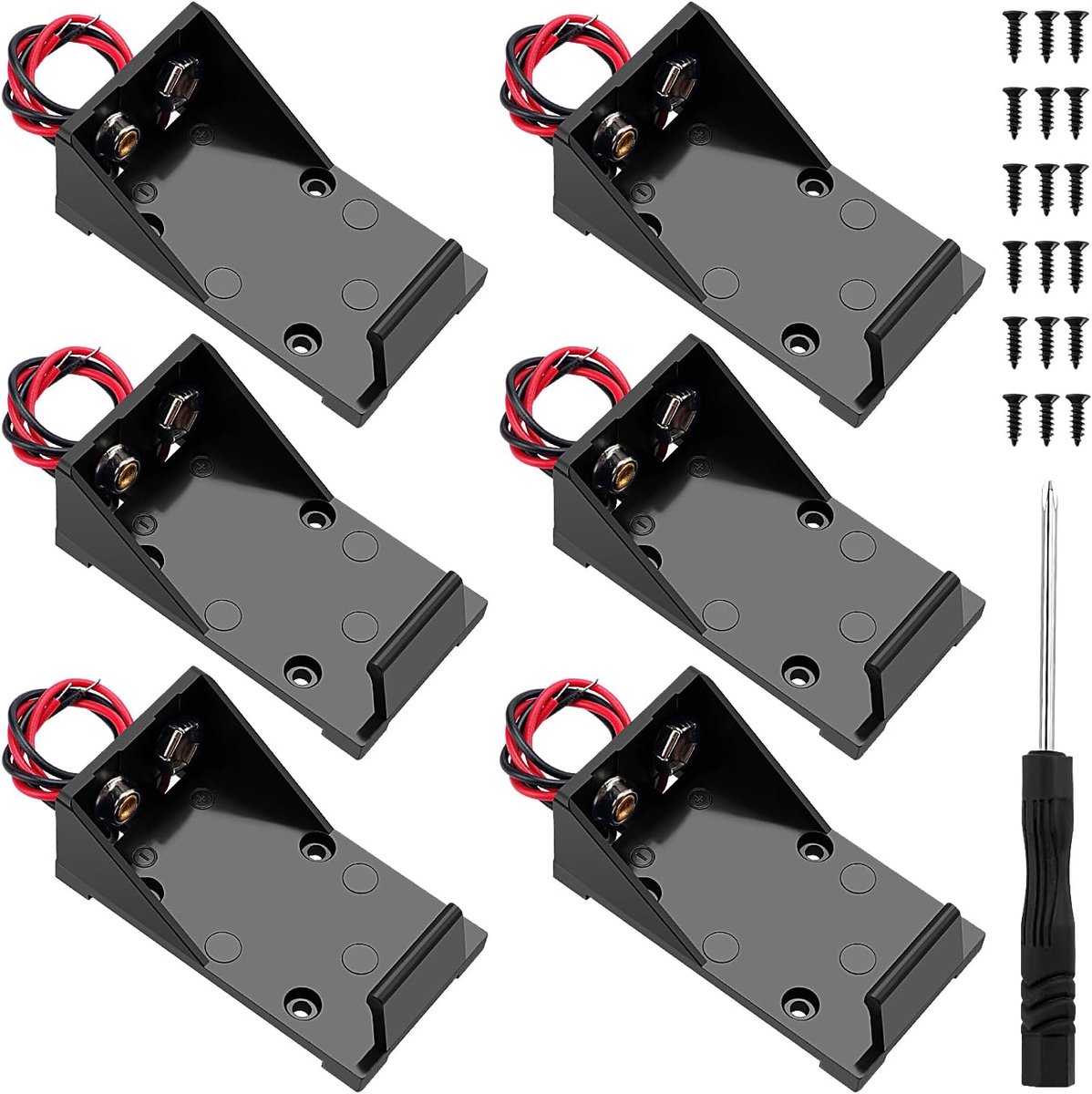 SnelShoppen - 6 Stuks 9V Batterijhouder met Draad, Robuuste Kunststof 9 Volt Batterij Case voor CCTV, Motoren, Solenoïden, LED Strips, Inclusief Schro