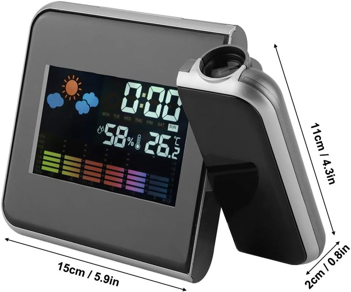 SnelShoppen - Digitale LED USB Alarmklok met Temperatuurweergave, Weersvoorspelling, Projector, Kalender, Vochtigheid en Alarmfunctie voor Slaapkamer