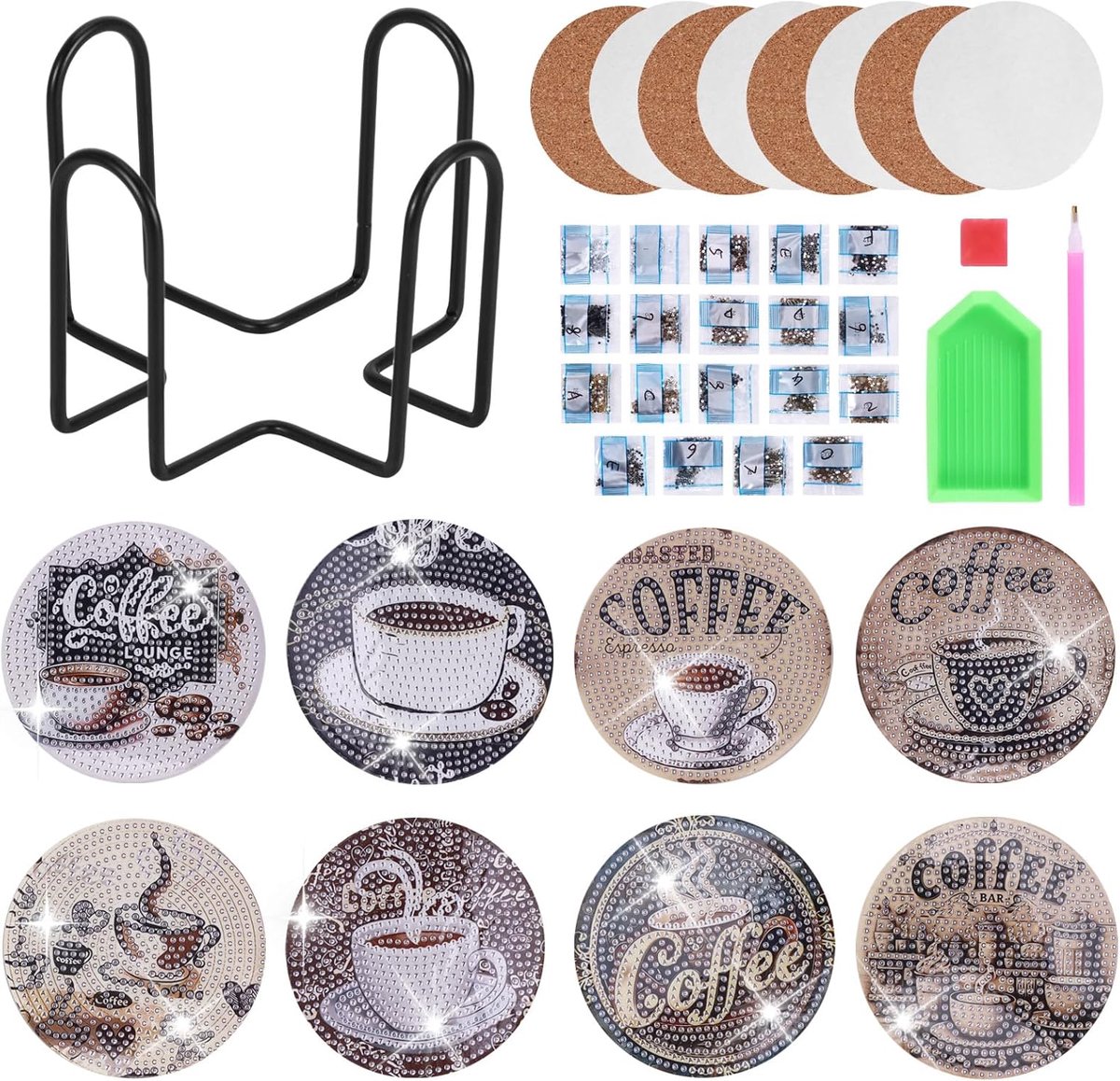 SnelShoppen - 8 Stuks Coasters met Houder, DIY Coasters met Diamant Schilderen Set, Creatieve Ambachten voor Volwassenen en Kinderen, Beschermers voor