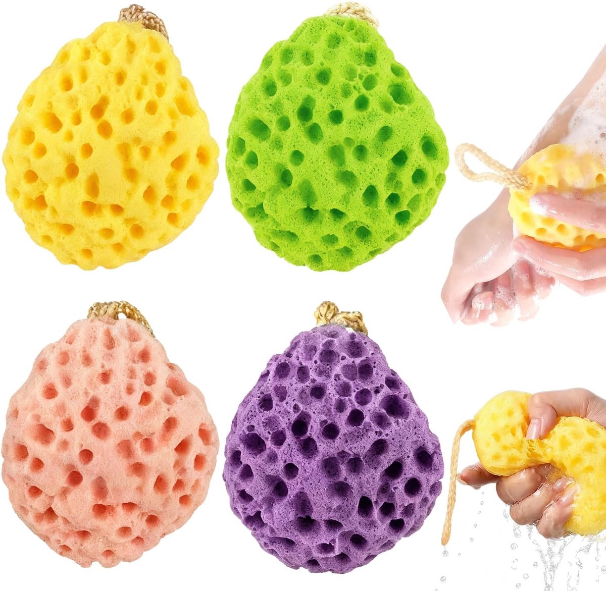 SnelShoppen - Ultra-Soft Bad Sponsen Set van 4 - Zachte Exfoliator Sponsen voor Gevoelige Huid - Luxe Douche Sponsen in Kleuren Paars, Roze, Geel en G