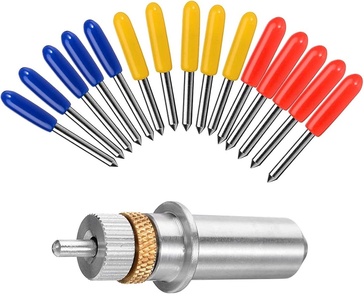 SnelShoppen - 30pcs Vinyl Cutter Knives, 30°/45°/60° Snijmesjes voor Mahogany, Hout, PVC, MDF - Inclusief Houder en 30 Stuks Tungsten Staal, Rood/Geel