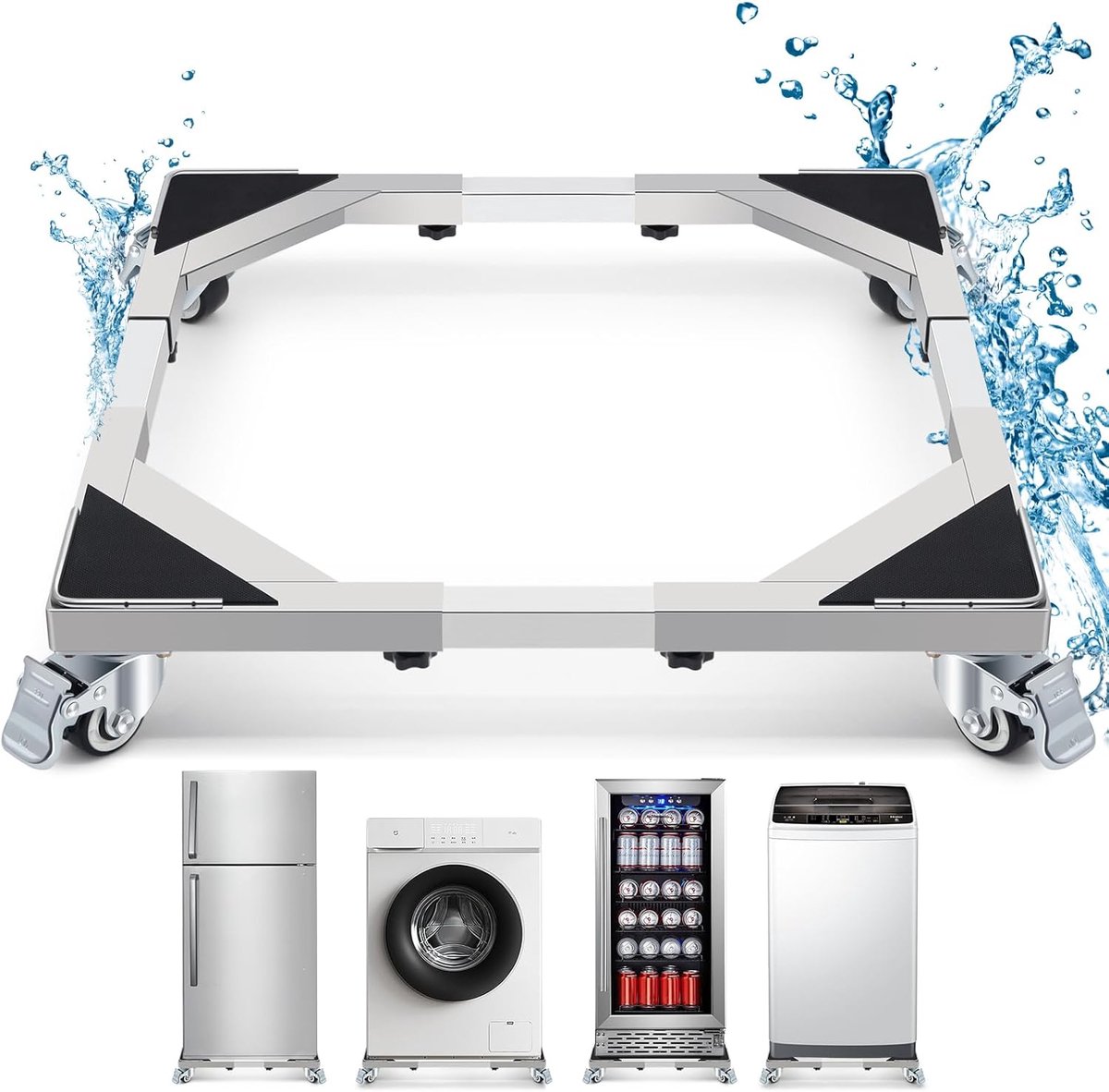 SnelShoppen - Verstelbare RVS Wasmachine Voet met 4 Vergrendelbare Wielen, 50-70cm Breed, Tot 300kg Draagkracht, Voor Wasmachine en Koelkast