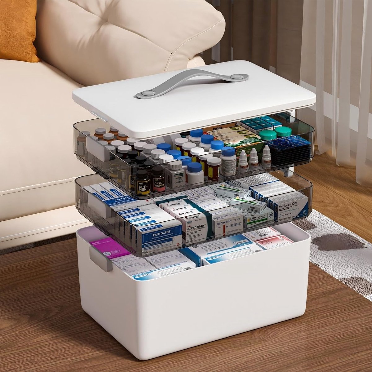 SnelShoppen - MOPUP 3-laags medicijnopslagbox, hoge capaciteit (34 x 22 x 25.5 cm) met handvat en verwijderbare vakken, ideaal voor gezin, kantoor, sc