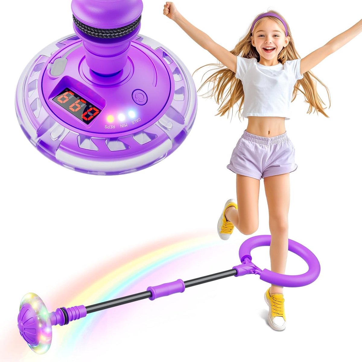 SnelShoppen - Kids Jump Ring met LED Display, Calorie Teller, Oplaadbare Swing Wheel in Paars - Perfecte Speelgoed voor Meisjes 6-12 Jaar, Voor Feestj