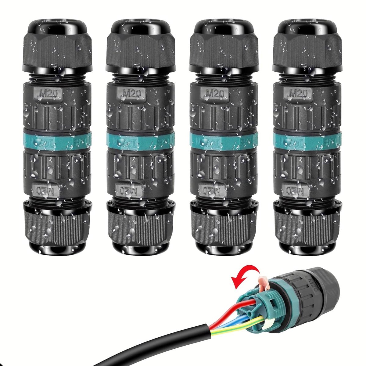 SnelShoppen - Waterproof 3 Pin Cable Connector IP68, Ondergrondse Kabelverbinding, Buiten Junction Box, Zwart, 4 Stuks, Ø5-12mm