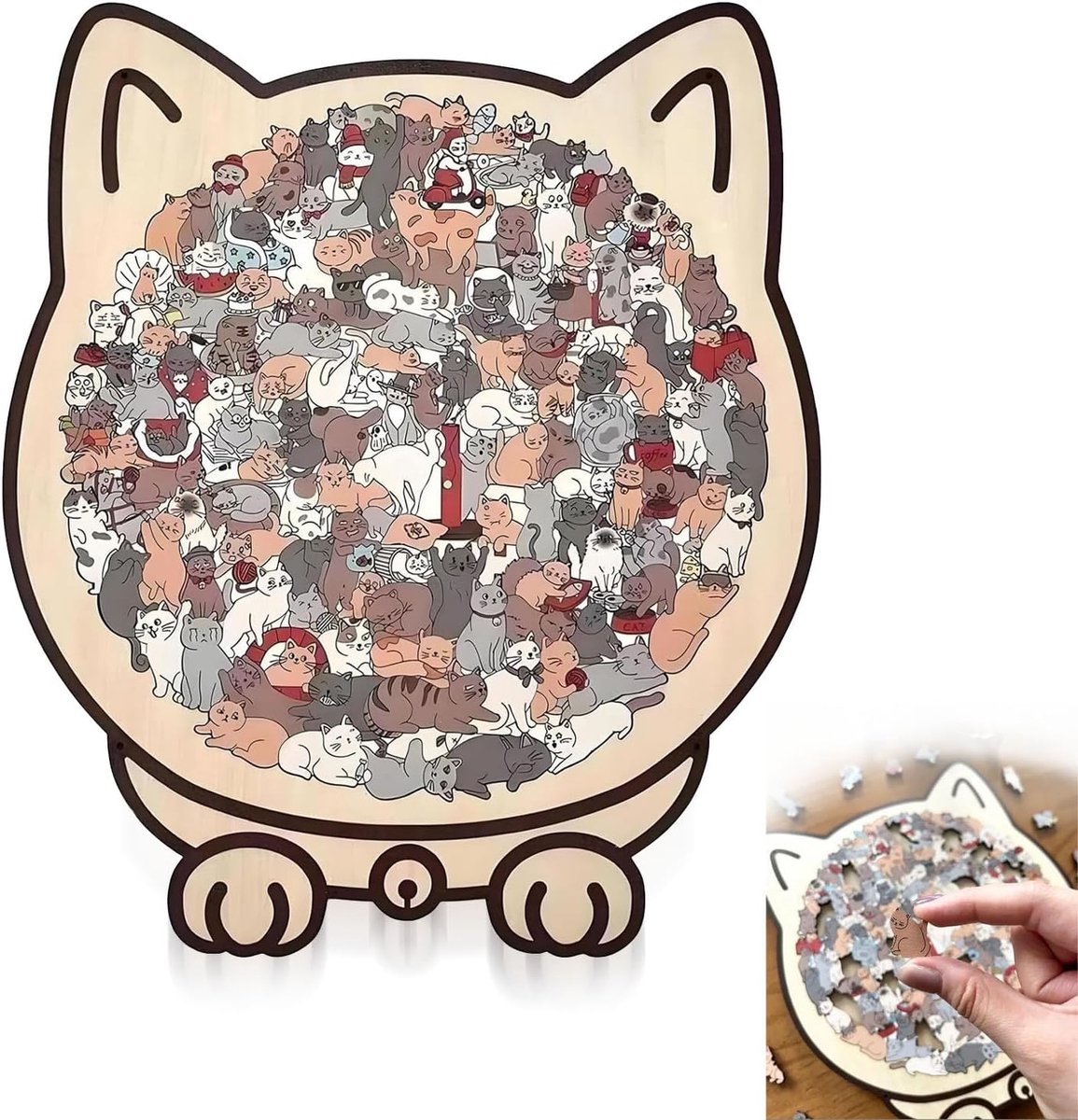 SnelShoppen - Houten Kattenpuzzel 135 Stukjes - Creatieve Kattenvormige Houten Puzzel met Frame - Onregelmatige Puzzel voor Volwassenen - Ideaal Cadea
