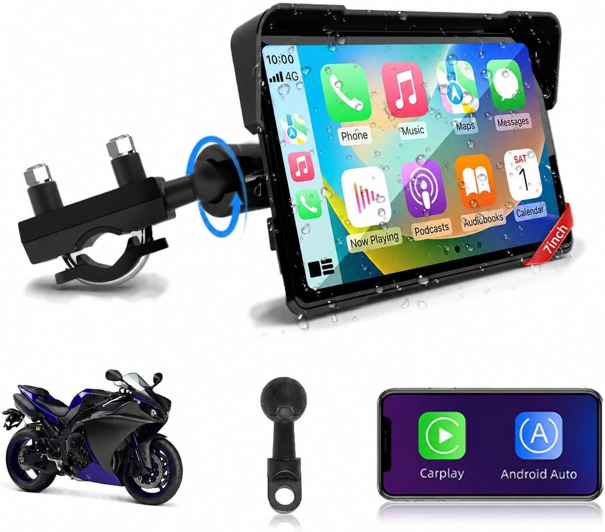 SnelShoppen - 7 Inch Motorrijders Display met CarPlay en Android Auto - IP67 Waterdichte Navigatie voor Motoren - Dual Bluetooth en Siri/Google Assist