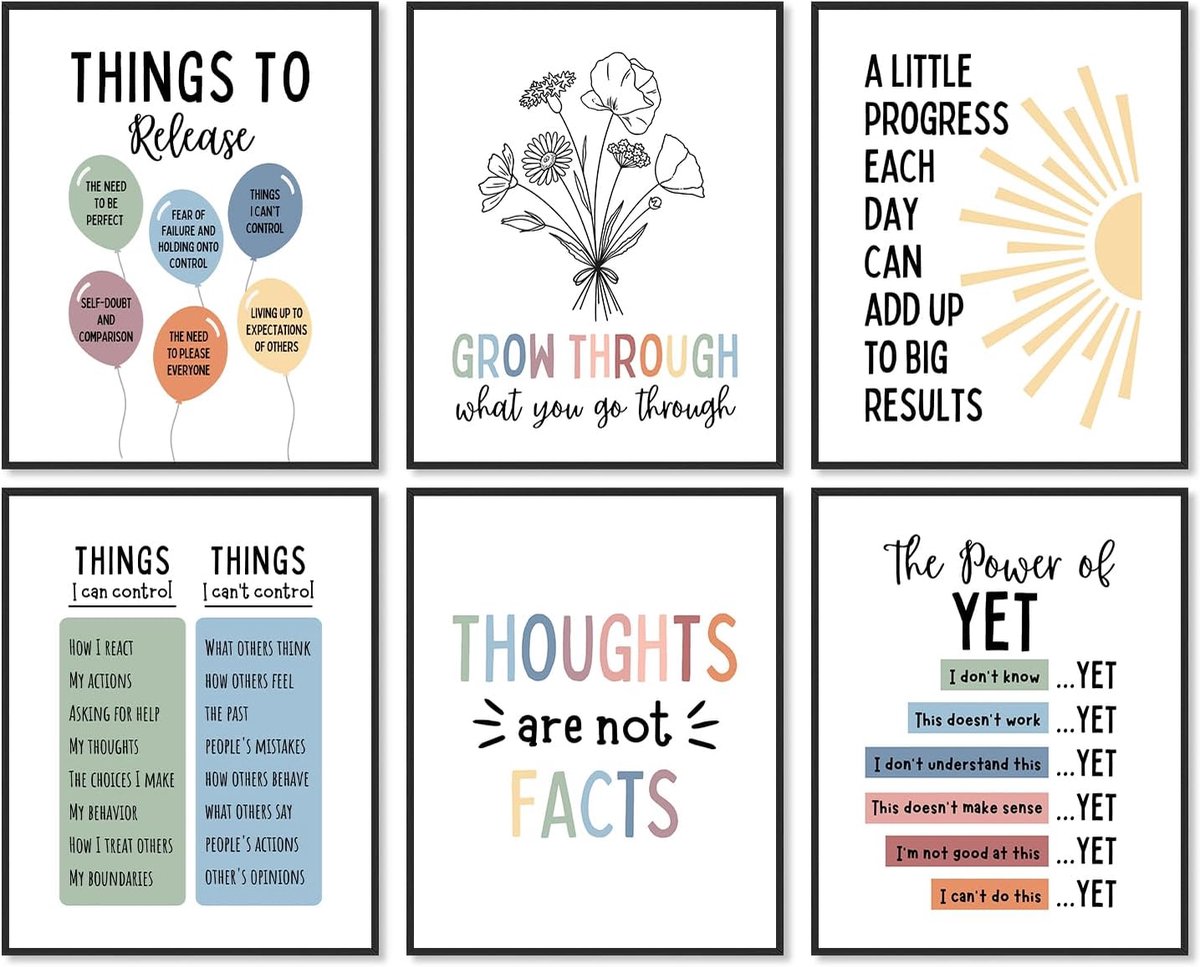 SnelShoppen - 6 Stuks Motivational Quotes Wanddecoratie, Positieve Affirmaties Posters voor Kantoor, Klaslokaal, Kinderkamer en Slaapkamer - 20x25cm O