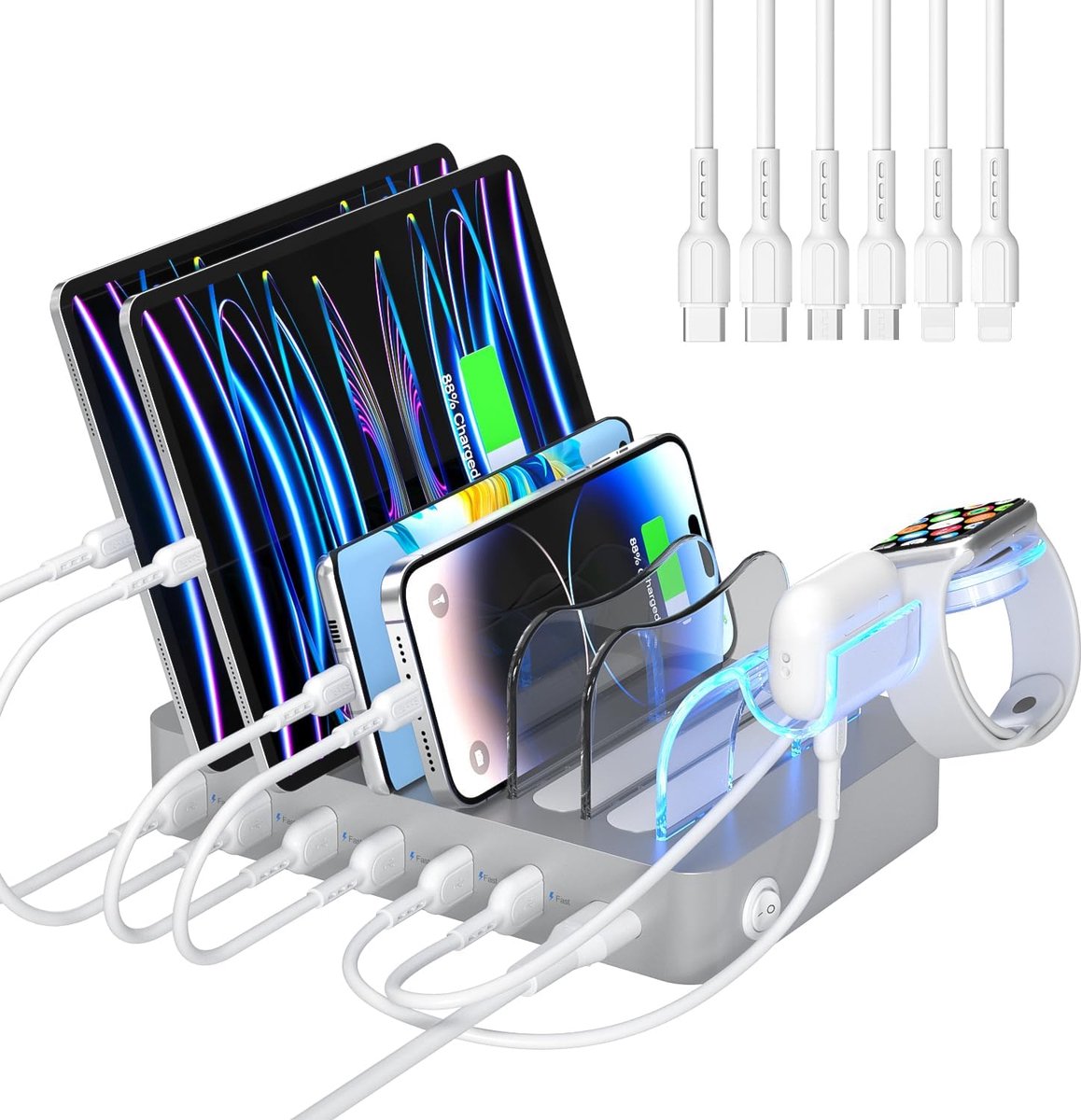 SnelShoppen - Premium 6-Port USB Oplaadstation met Organisator, 6 Korte Oplaadkabels en Verbeterde iWatch Houder voor Telefoons, Tablets en Elektronic