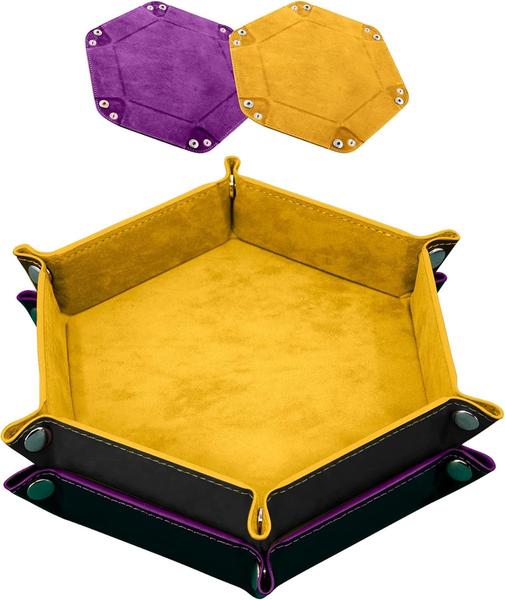 SnelShoppen - 2x Dice Tray PU Leer Vouwbare Dobbelsteenhouder Hexagon voor DND, RPG en Tafelspellen - Geel en Violet