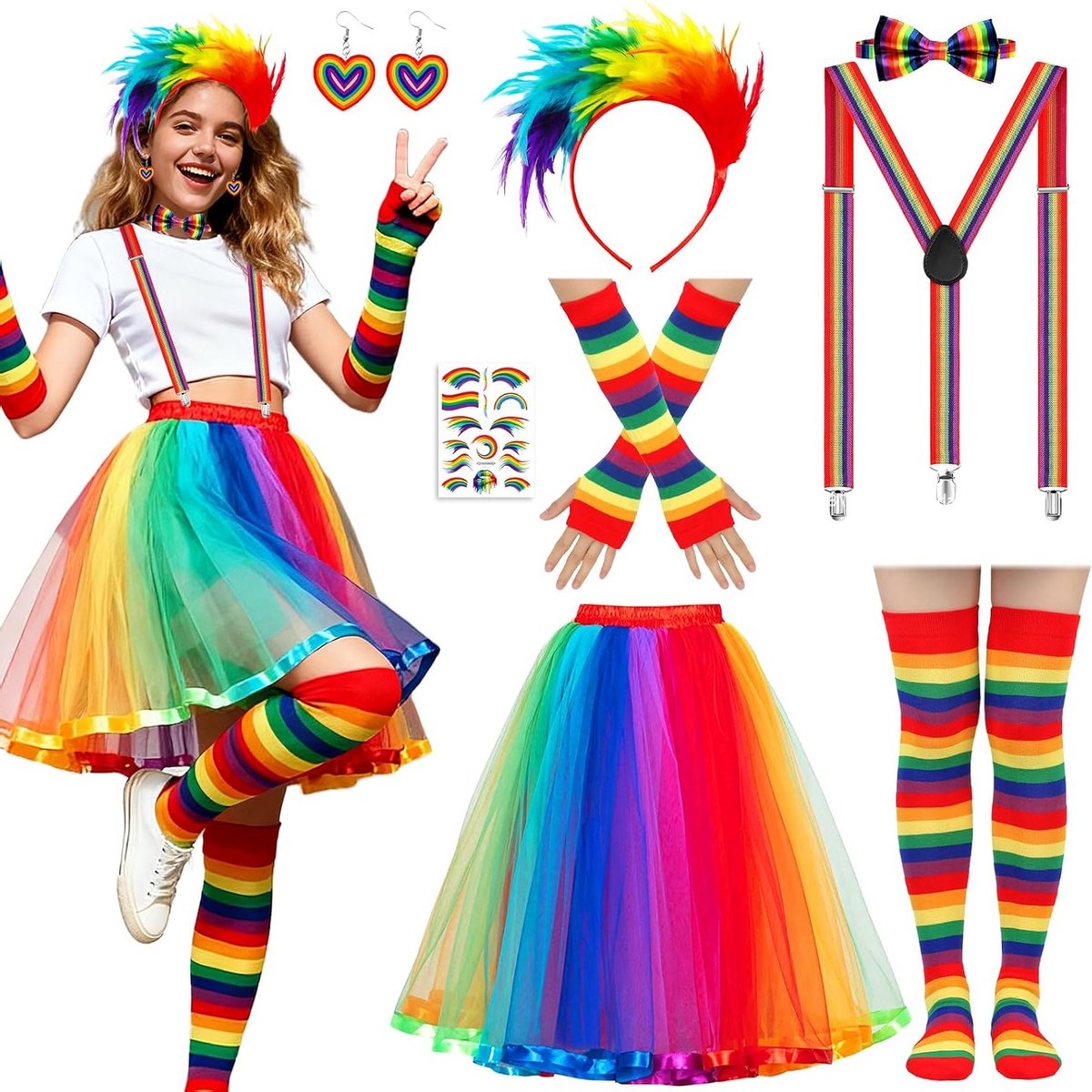 Carnaval kostuum voor vrouwen - Set van 8 accessoires met tule rok, veren, haarband, handschoenen, beenwarmers en meer voor een kleurrijke carnavalservaring