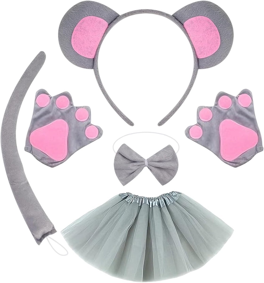 Muis Kostuum Set voor Halloween en Kinderfeestjes, Inclusief Haarbanden, Strik, Staart en Rok voor Volwassenen en Kinderen