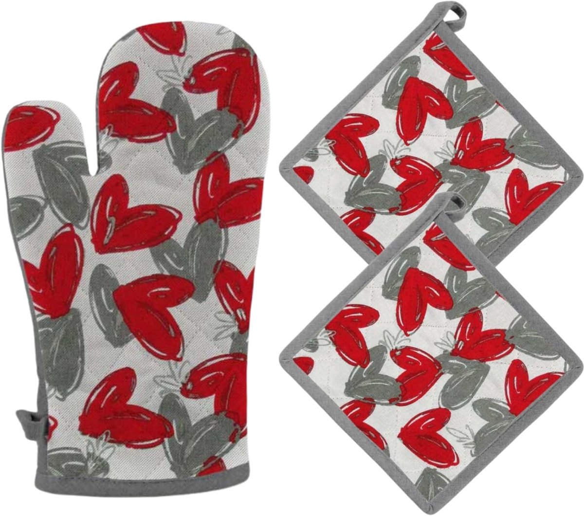 SnelShoppen - Cotton Pot Holder en Oven Mitt Set - Keukenhandschoenen + 2 Pot Houders met Decoratief Patroon - Oven Mitt 32 x 18 cm, Pot Houders 20 x