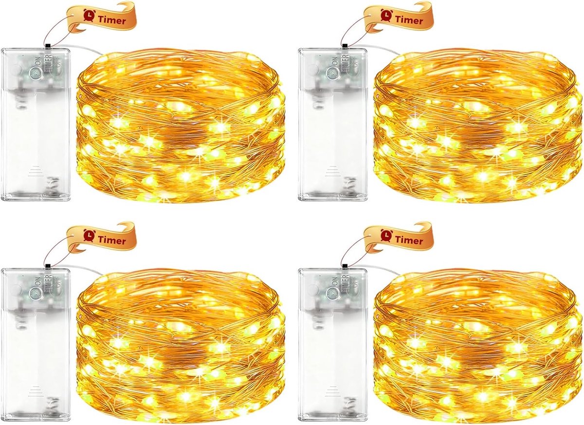 SnelShoppen - 4 Stuks LED Lichtketting op Batterij met Timer voor Feest, Tuin, Camping, Binnen en Buiten, Warm Wit, Decoratieverlichting voor Kinderen
