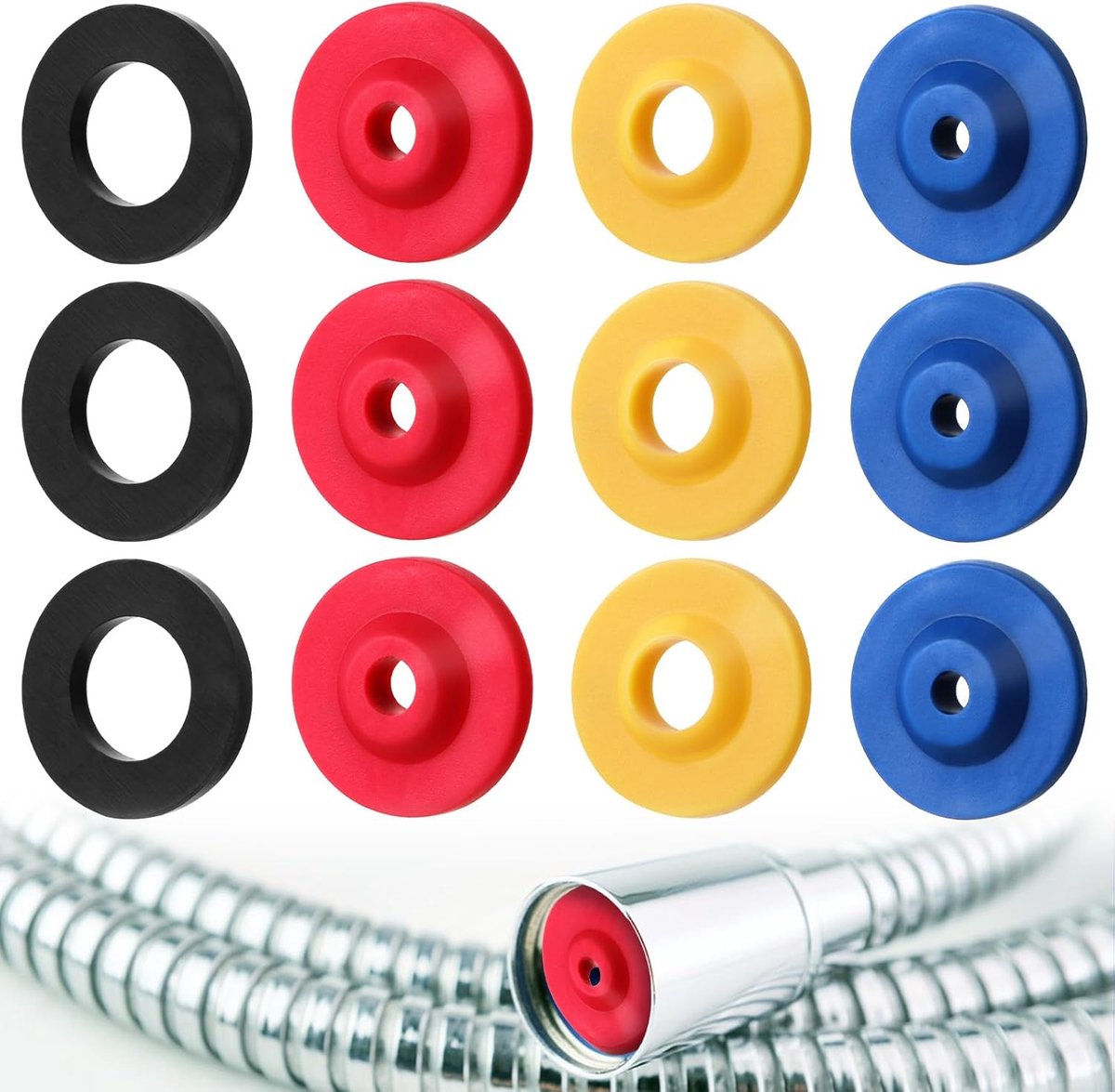 SnelShoppen - 12 Stuks Silicone Douchekop Waterstroombegrenzer - 4 Specificaties - Handmatig & Vaste Douches - Kleur: Blauw, Rood, Geel, Zwart