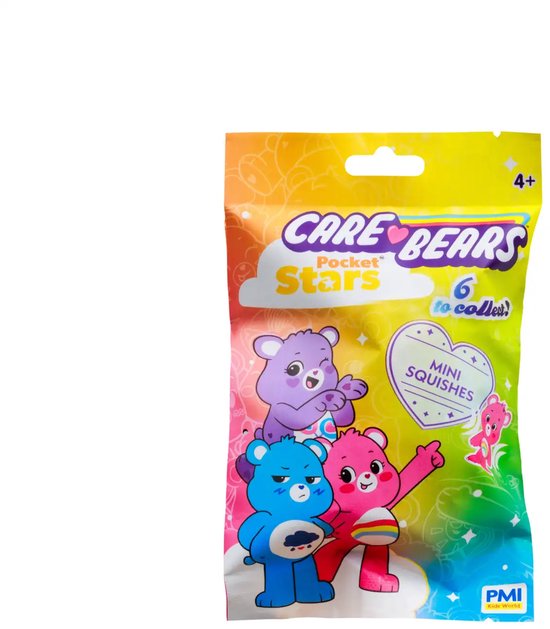 Verpakking met Care Bears Pocket Stars, met paarse, blauwe en roze beren erop, 6 te verzamelen.