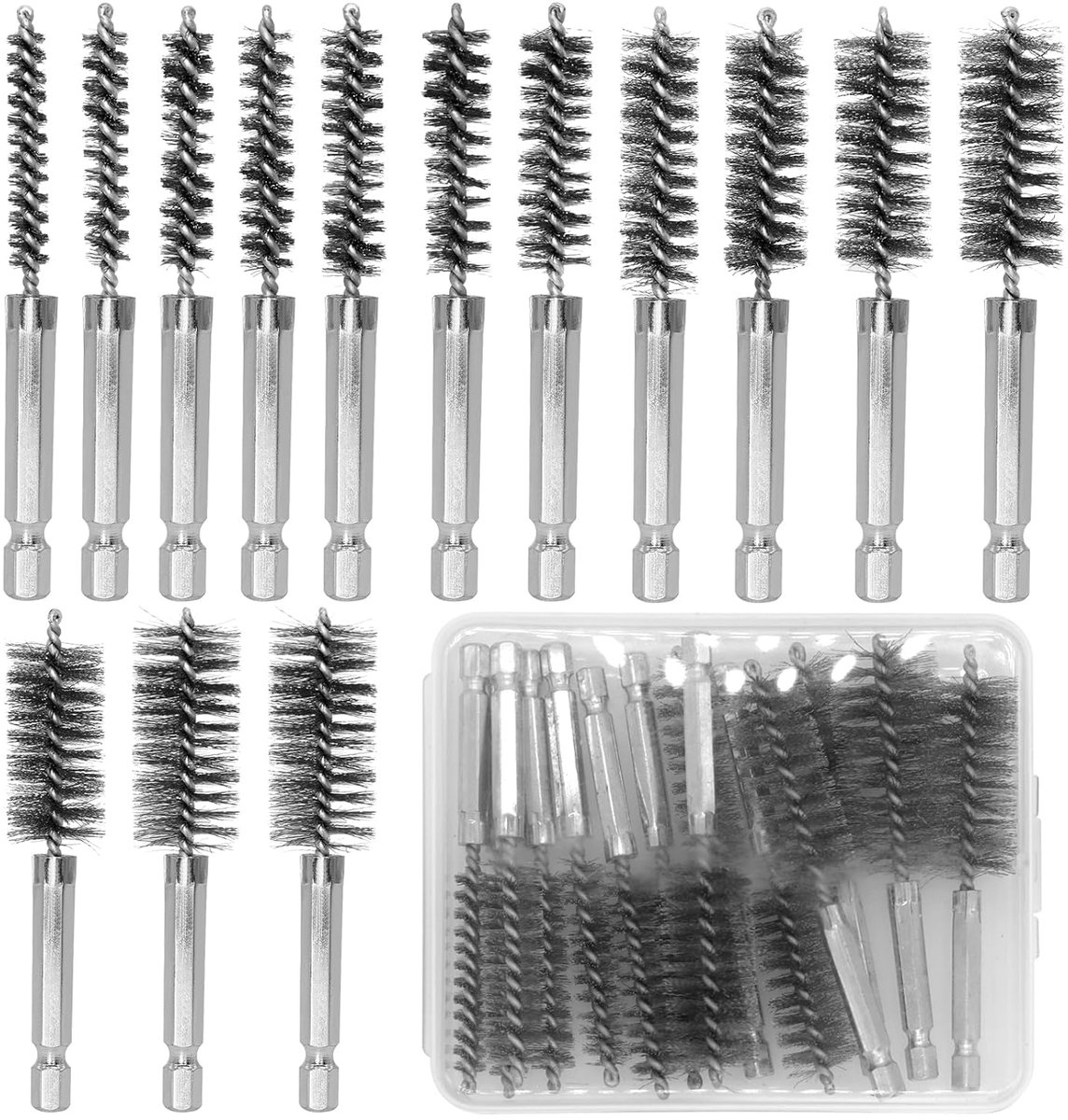 SnelShoppen - 14-delige Cylinder Draadborstel Set voor Polijsten en Schuren - RVS Kettle Borstels met Hexaansluiting - Diverse Maten 8-25 mm