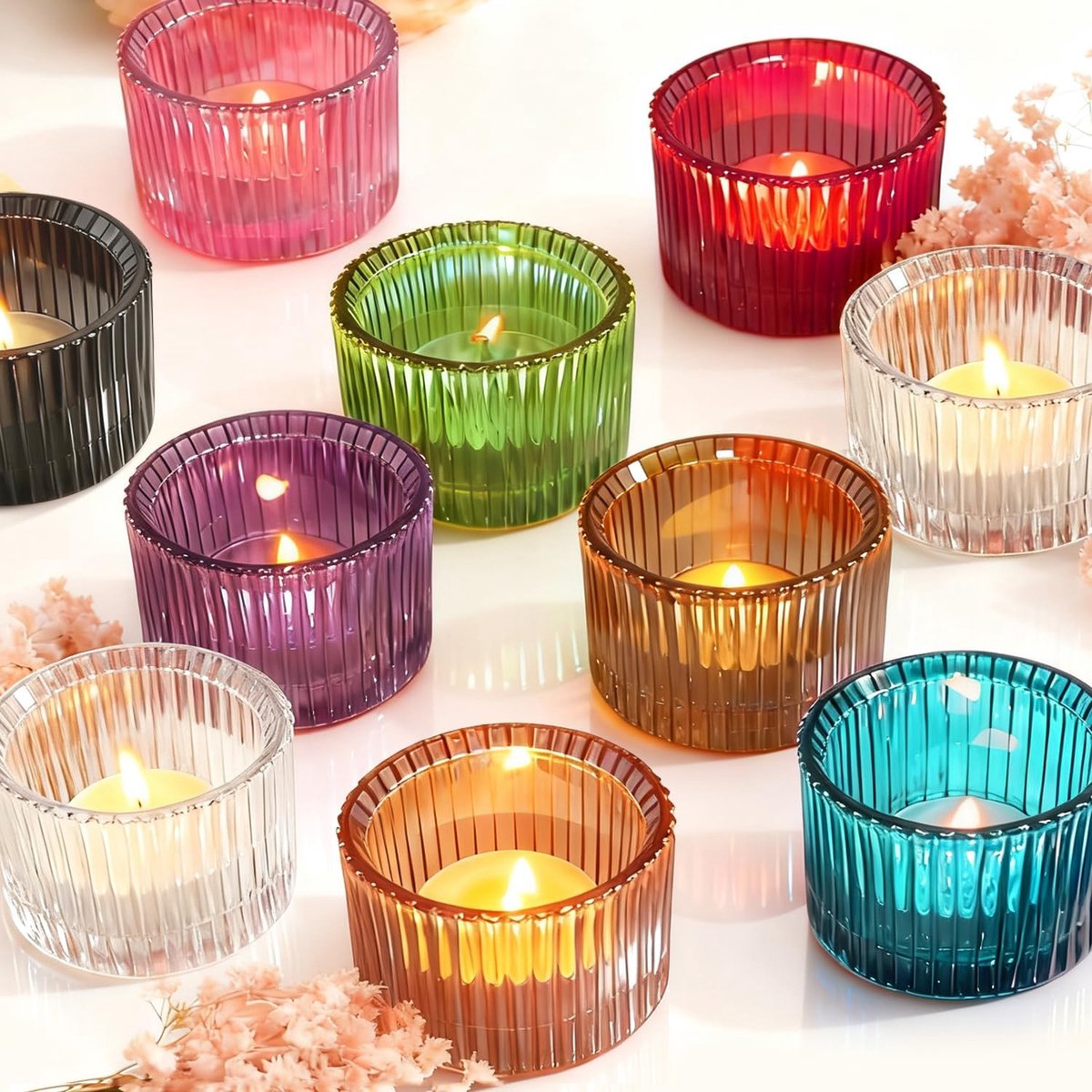 SnelShoppen - 10-delige Set Kleurige Glas Tealight Houder - 5.5cm x 3.5cm - Breukvast en Hittebestendig - Ideaal voor Verjaardagen, Feesten en Tafelde