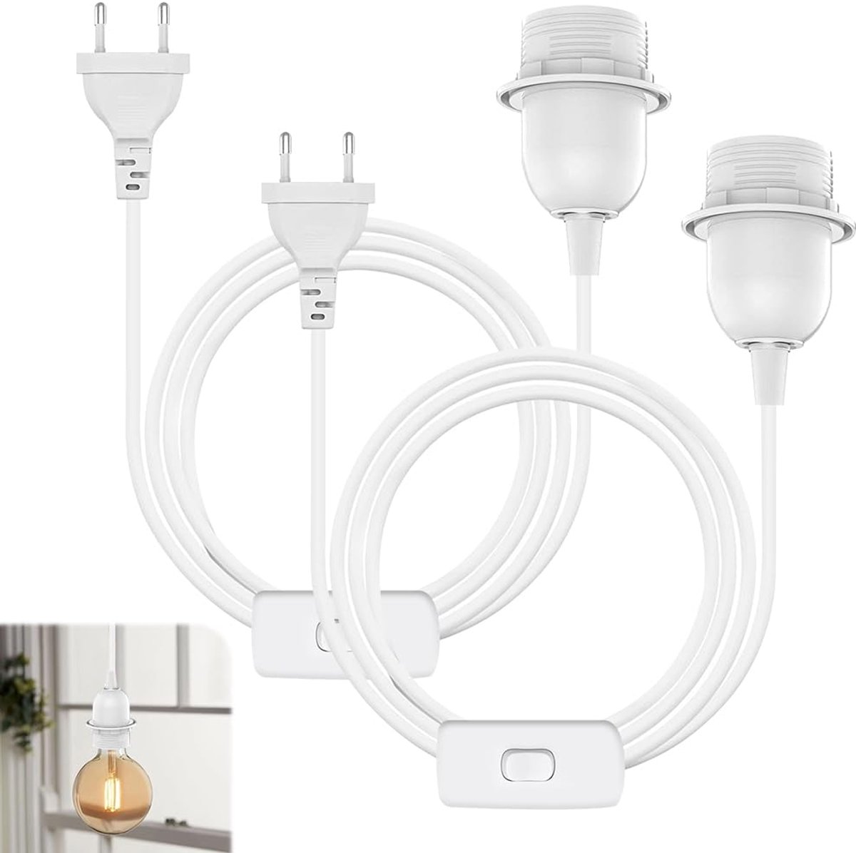 SnelShoppen - E27 Lampenhouder met Schakelaar - 2 Stuks Lampenfitting met 6 m Kabel - Witte E27 Socket voor Hanglampen, Vloerlampen, Thuisverlichting