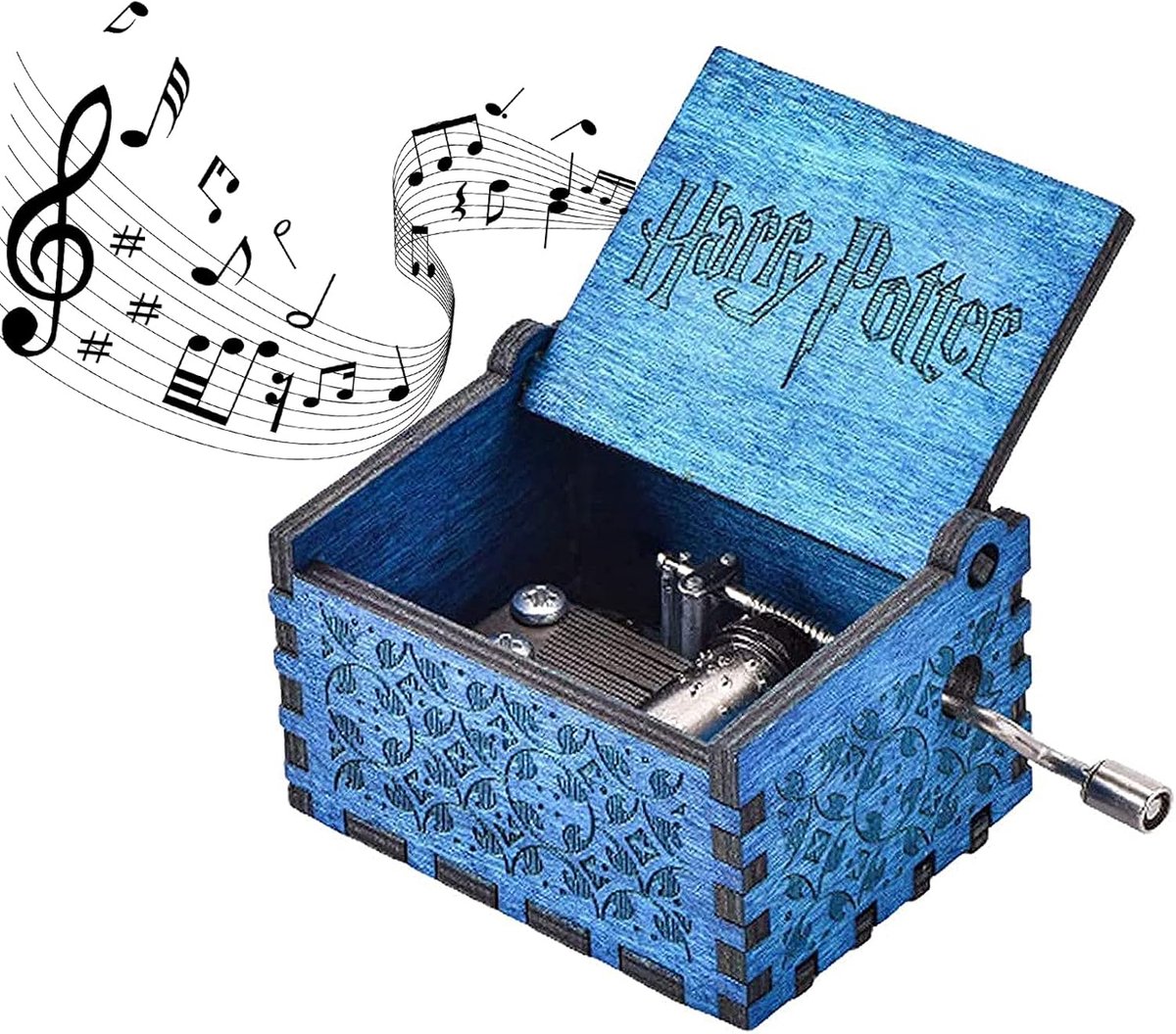 SnelShoppen - Qazuwa Hand Crank Muziekdoos Vintage Houten Muziekdoos - Handgegraveerd, Blauw, Milieu-vriendelijk, Perfect voor Feesten en Kinderen