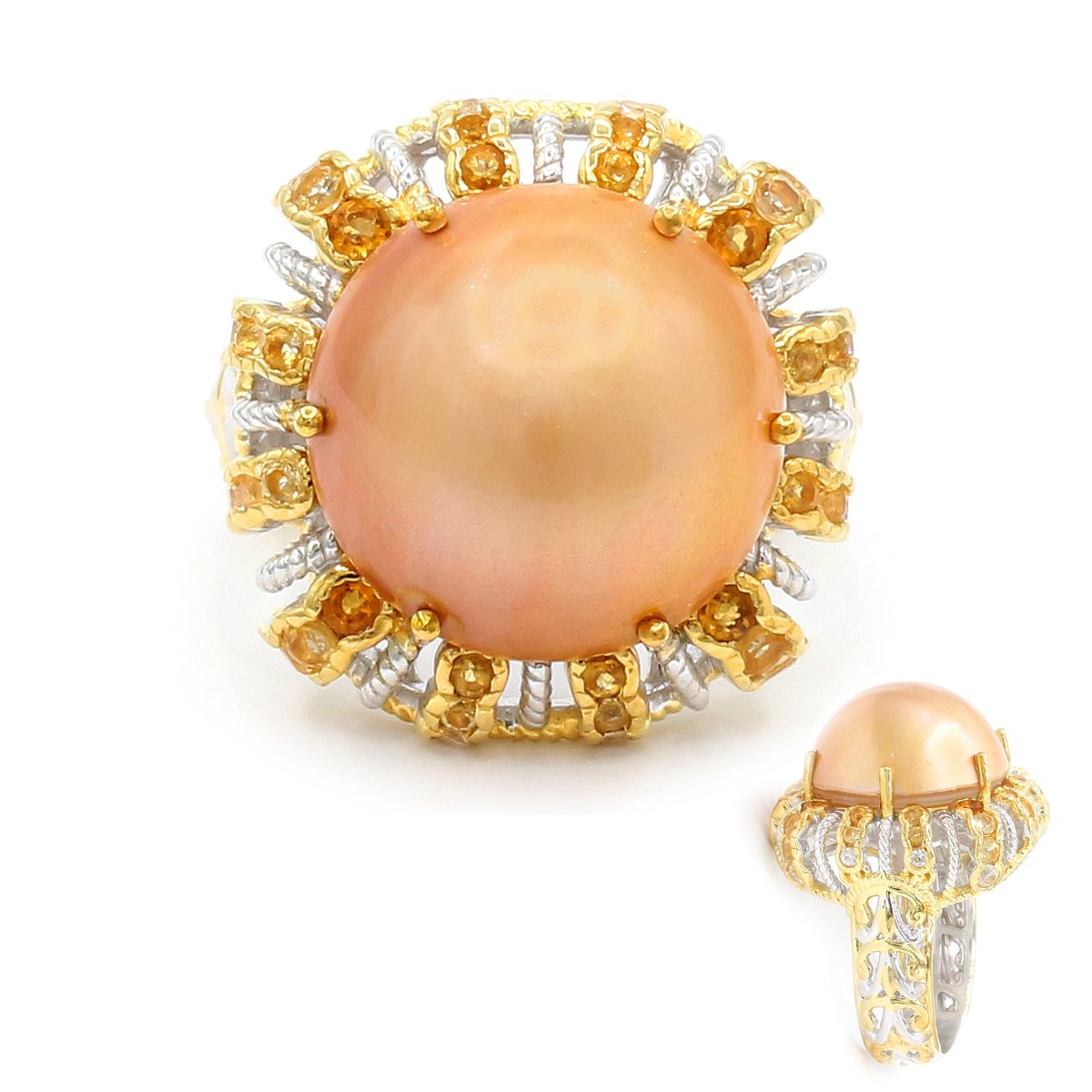 Cavill - Luxe damesring 925 Sterling Zilver Palladiumlaag - 16 mm Gouden Mabe Parel - Braziliaanse Citrien & Cambodjaanse Zirkon