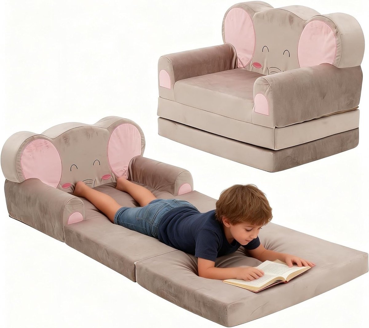 Extra brede 2-in-1 kinderbank in schattige olifantvorm, om te zetten naar een bed of loungestoel voor peuters en kleuters