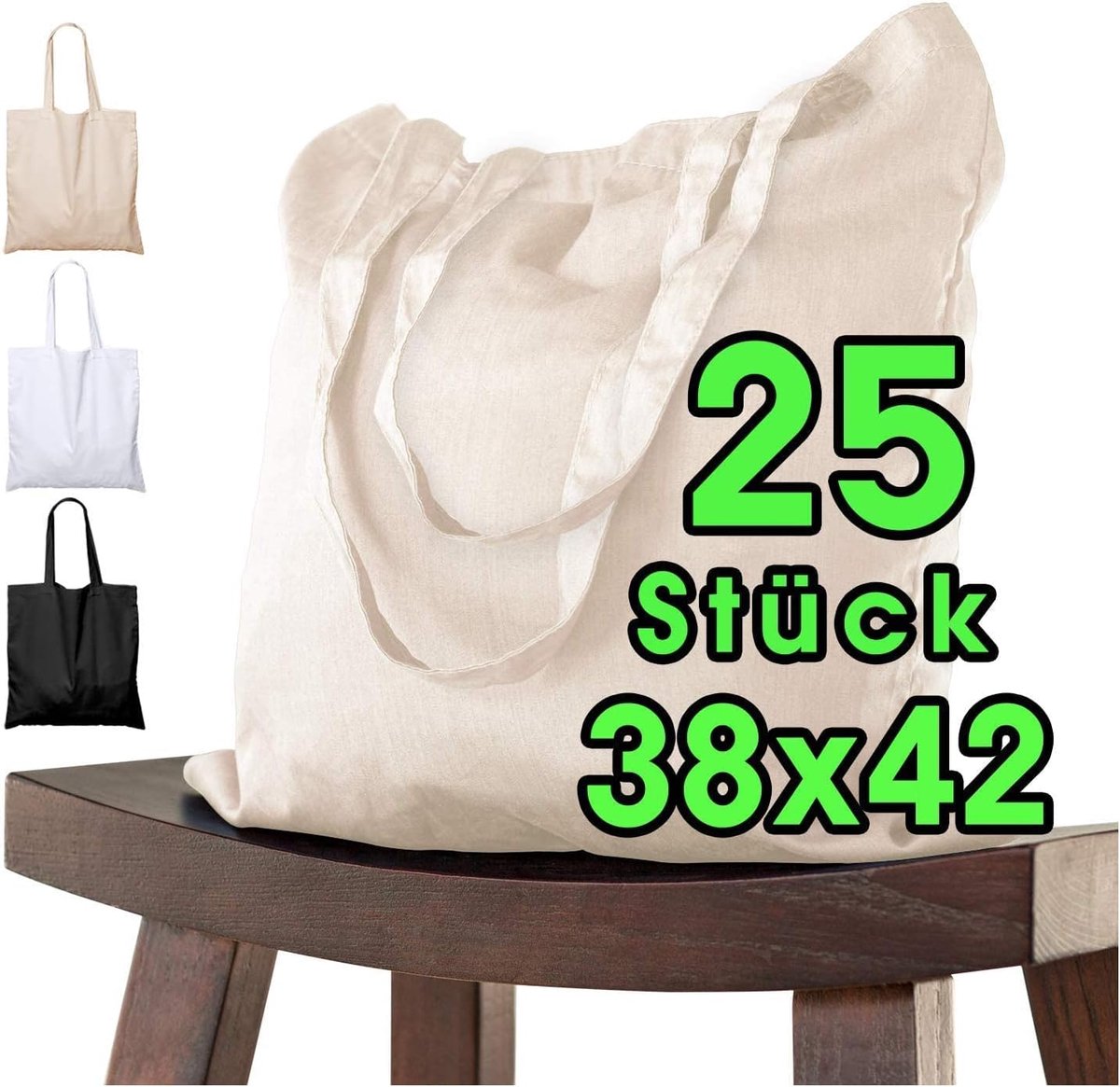 SnelShoppen - 25 Stuks Katoenen Tas 38x42cm Onbedrukt Lange Handgreep Stoffentas Schoudertas Katoen Jute ÖKO-TEX Gecontroleerde Kwaliteit Natuurlijke