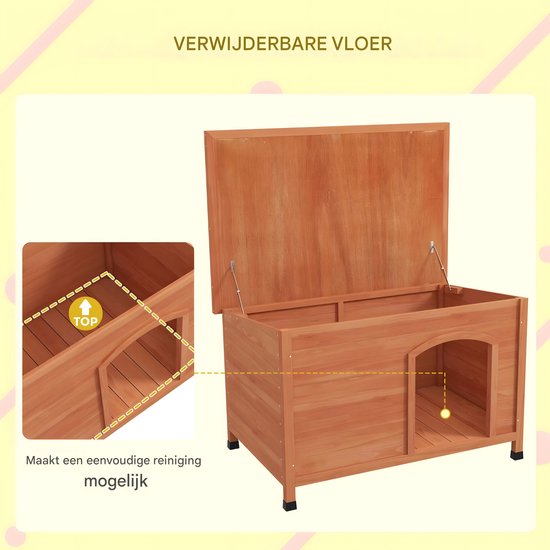 Houten hondenhok met open dak en uitneembare vloer voor eenvoudige reiniging.