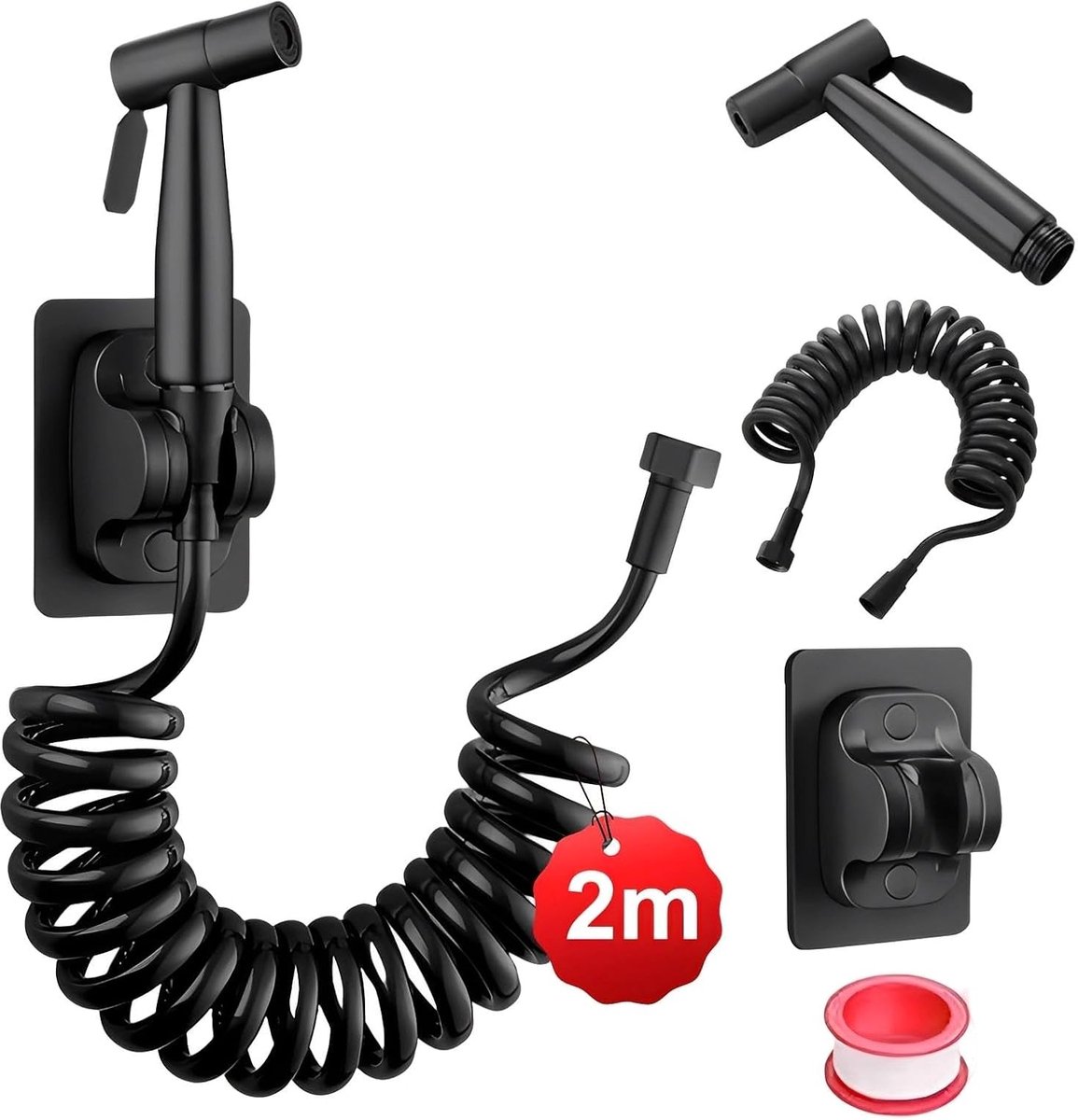 SnelShoppen - 2m PE Handdouche Toiletset, Zwarte Hoge Druk Spray Gun, Hand Bidet Spray voor Keuken en Badkamer, Compleet met Slang en Bevestigingsmate