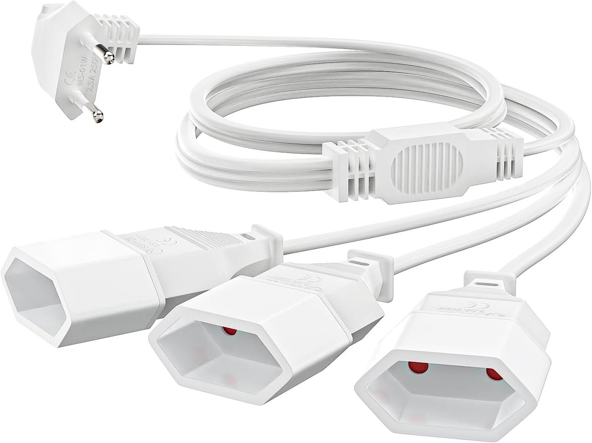 Thijox - Platte Verlengkabel 2m met 3-in-1 Eurostekker - 90 Graden Hoek, Geschikt voor TV, PC, Computer, Monitor - Stroomkabel Plat 250V/2,5A