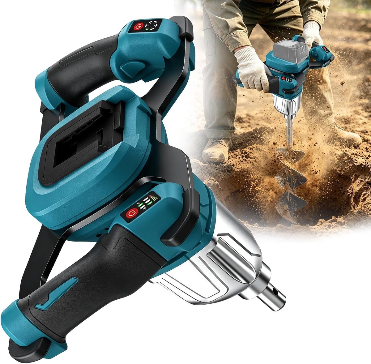 Professionele accu-grondboor met borstelloze motor voor tuinbouw en palen, geschikt voor 18V accu's, inclusief boorbits van 20-20,5 mm en ijsboorbits, zonder accu