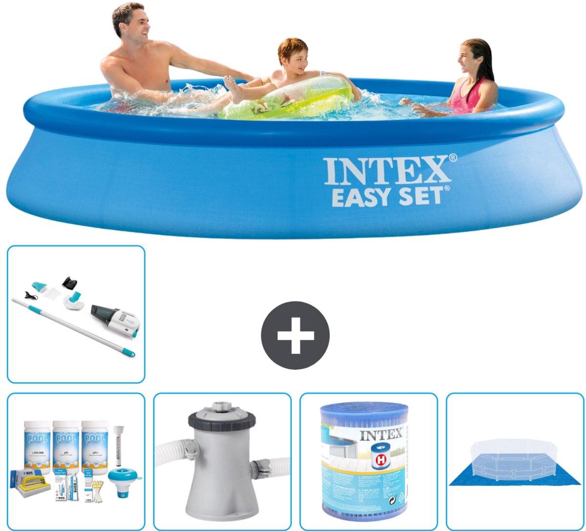 Intex Rond Opblaasbaar Easy Set Zwembad - 305 x 61 cm - Blauw - Inclusief Onderhoudspakket - Zwembadfilterpomp - Filter - Grondzeil - Stofzuiger - 6-delig
