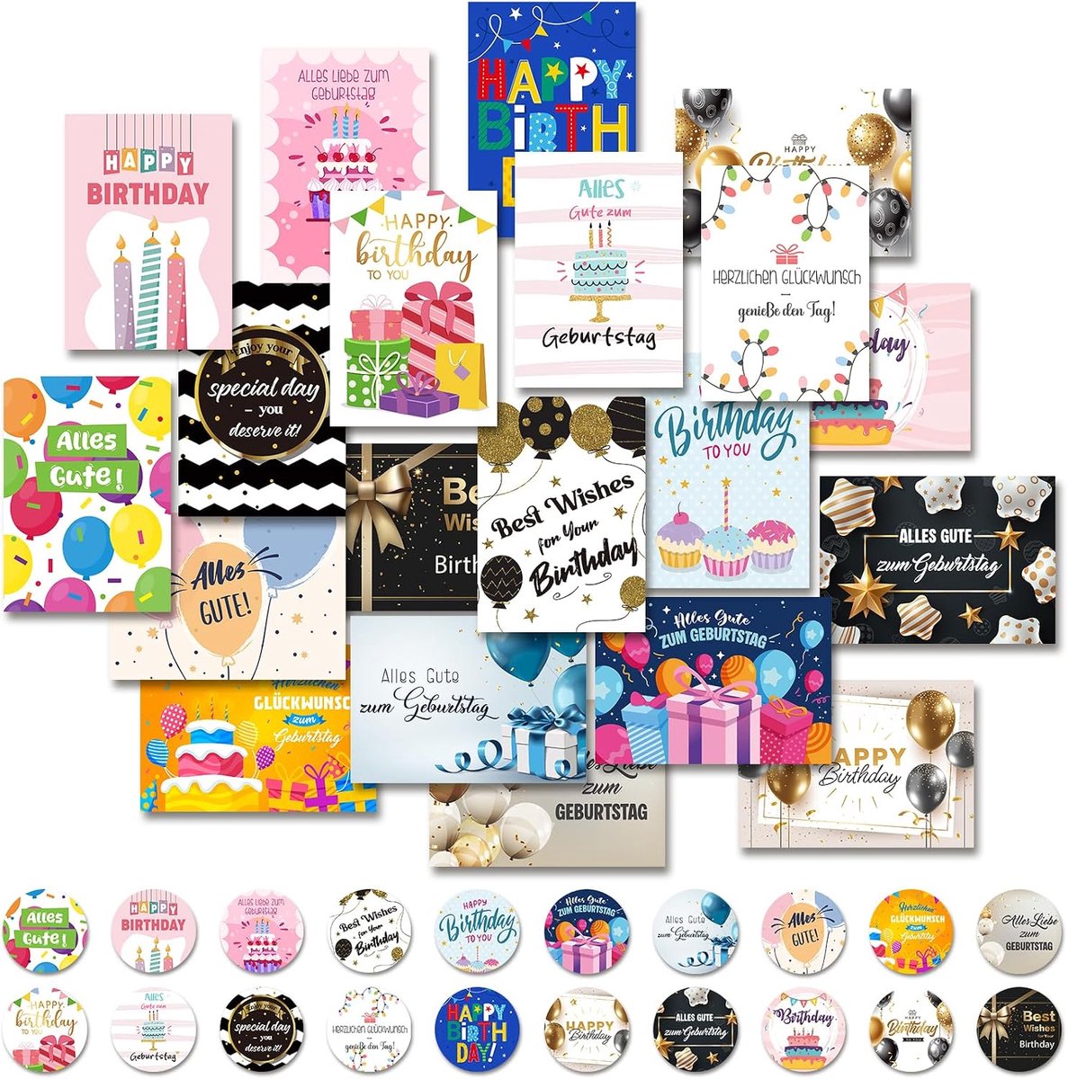 SnelShoppen - Set van 20 Verjaardagskaarten met Envelop en Stickers - Vouwkaarten, Gelukkige Verjaardag Kaarten voor Vrienden, Familie, Werkgenoten, F
