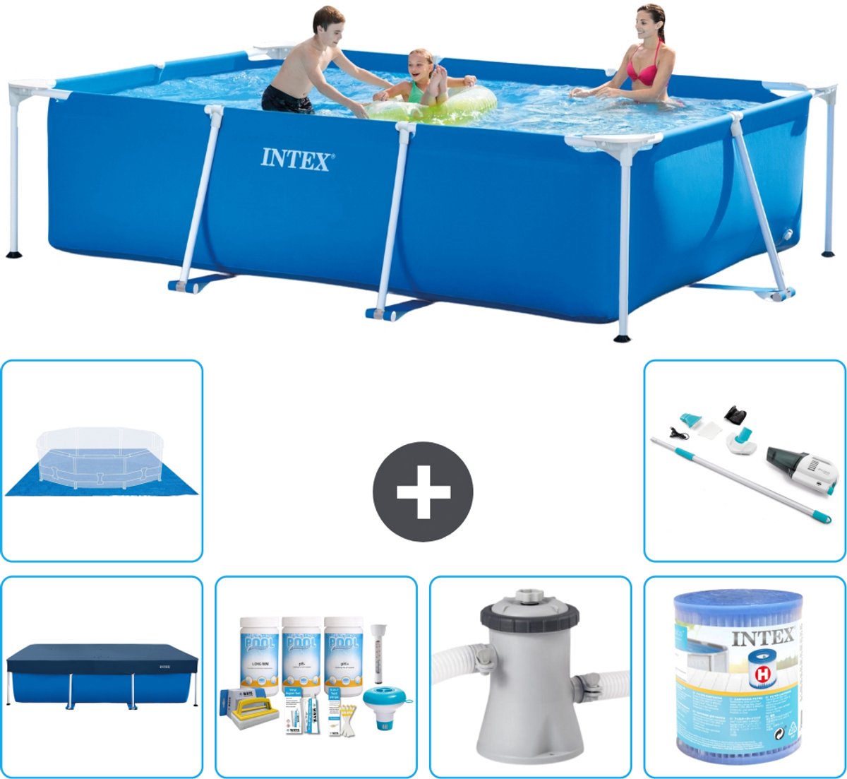 Intex Rechthoekig Frame Zwembad - 300 x 200 x 75 cm - Blauw - Inclusief Afdekzeil - Onderhoudspakket - Zwembadfilterpomp - Filter - Grondzeil - Stofzuiger - 7-delig