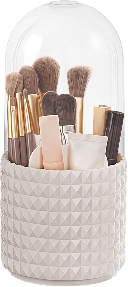 SnelShoppen - Makeup Organizer, 360° Draaiende Make-up Borstelhouder, Transparant, Stofdicht, 11x23 cm, Wit, Voor Cosmetica en Huidverzorging
