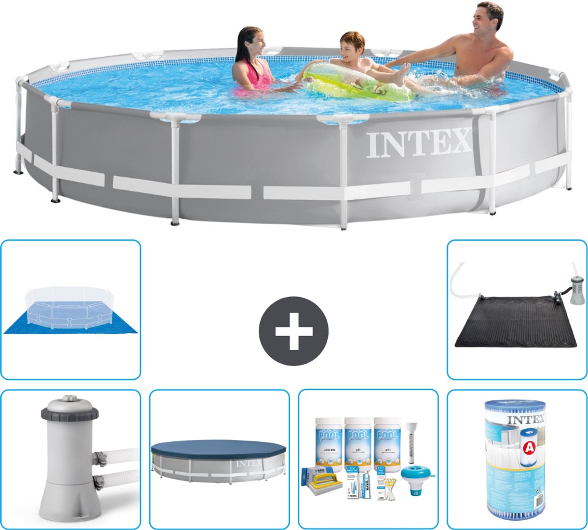 Intex Rond Prism Frame Zwembad - 366 x 76 cm - Grijs - Inclusief Pomp - Afdekzeil - Onderhoudspakket - Filter - Grondzeil - Solar Mat - 7-delig