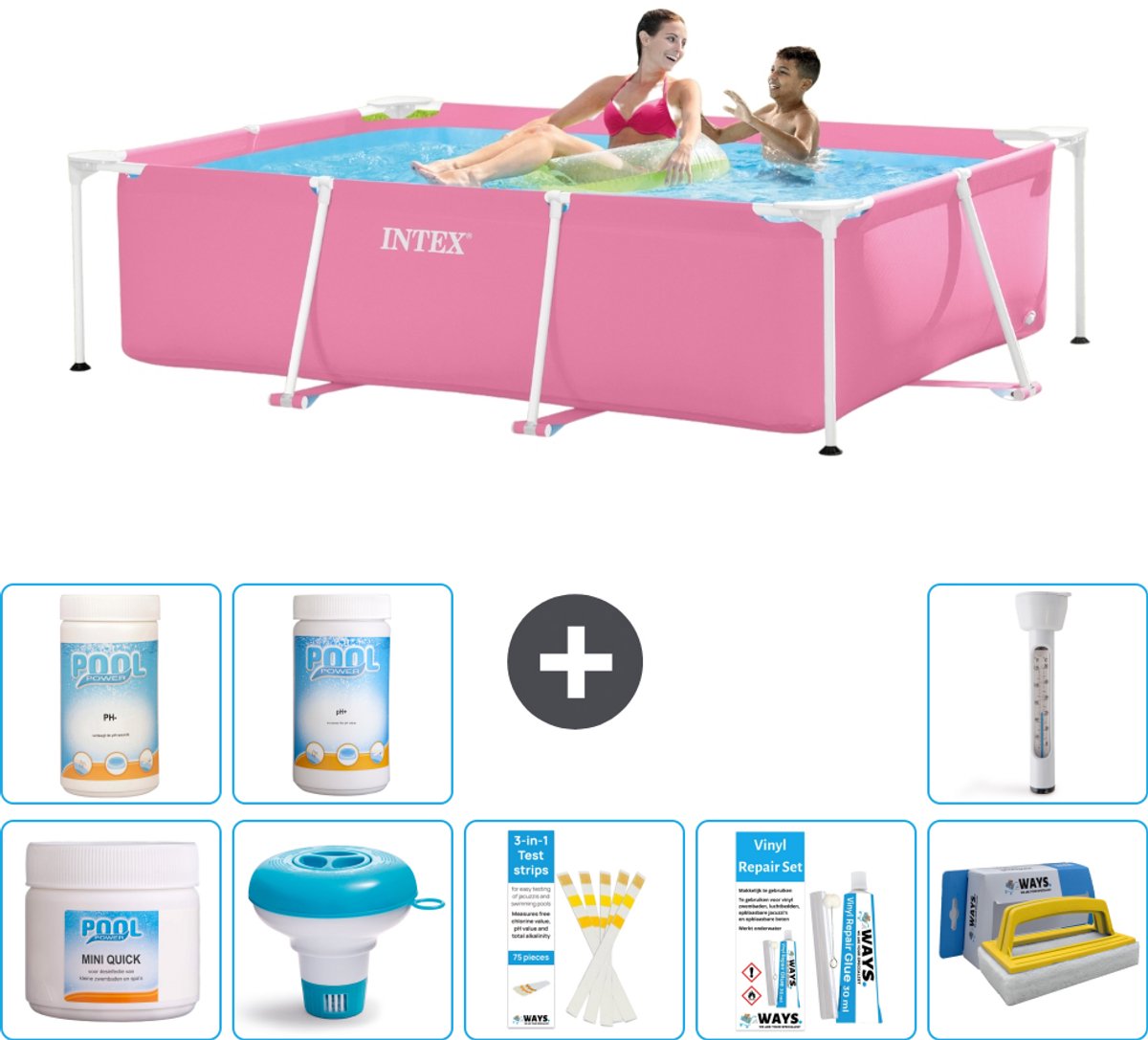 Intex Rechthoekig Frame Zwembad - 220 x 150 x 60 cm - Roze - Inclusief Chloor - Chloordrijver - Testrips - Reparatiesetje - Scrubborstel - PH-min - PH-plus - Thermometer - 9-delig