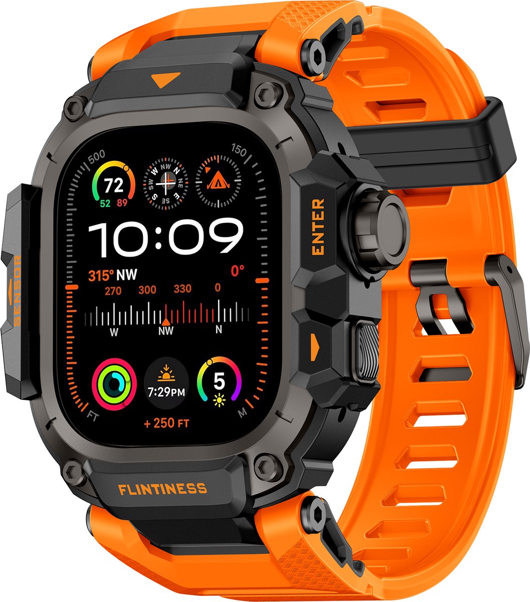 Stravo Metalen Beschermhoes met TPU Sport Bandje – Geïntegreerde Horlogeband – Geschikt voor Apple Watch Ultra 49mm (Ultra 3 / 2 / 1) – Rugged Design – Oranje