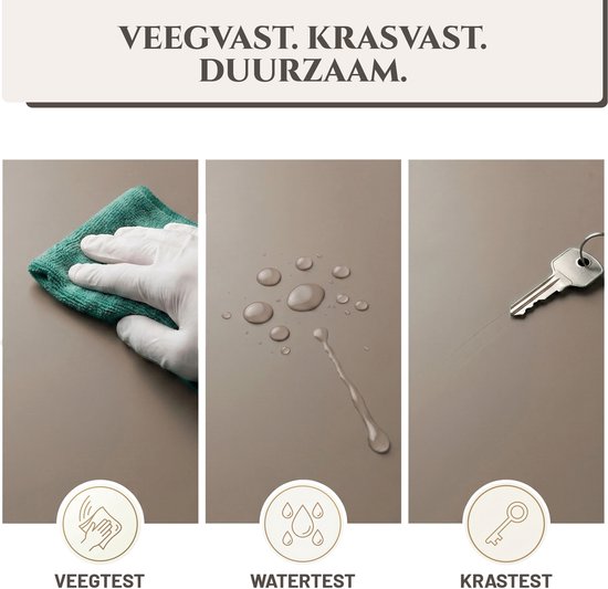 Drie tests: veegvast met doek, waterbestendig, krasvast met sleutel. Tekst: Veegvast. Krasvast. Duurzaam.