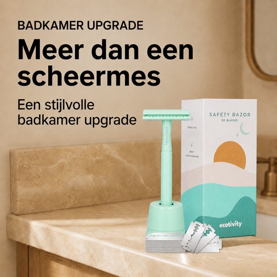 Mintgroen scheerapparaat met houder, verpakking en mesjes op badkameraanrecht.